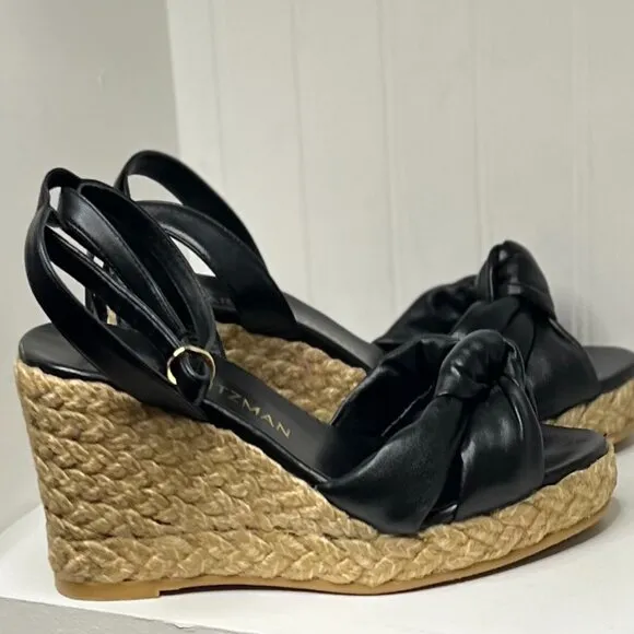 Stuart Weitzman Black Leather Ankle Strap Platform Espadrille Wedge Sandals 10