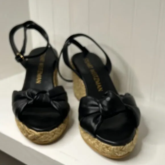 Stuart Weitzman Black Leather Ankle Strap Platform Espadrille Wedge Sandals 10
