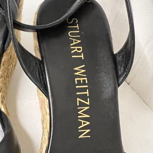 Stuart Weitzman Black Leather Ankle Strap Platform Espadrille Wedge Sandals 10