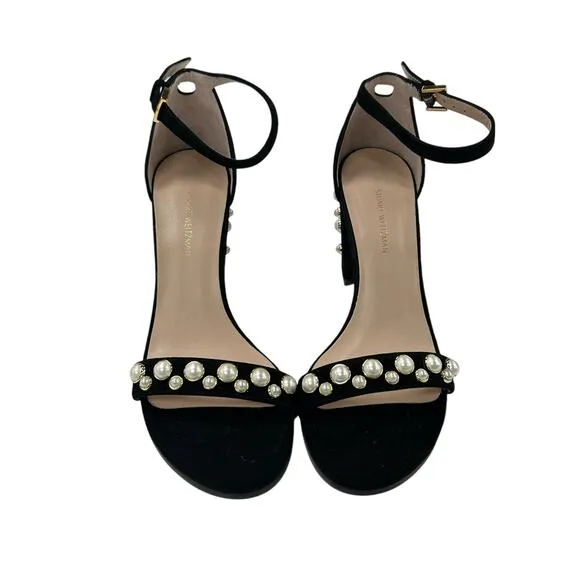 Stuart Weitzman Black Morepearls Studded Suede Ankle Strap Sandals Womens 7