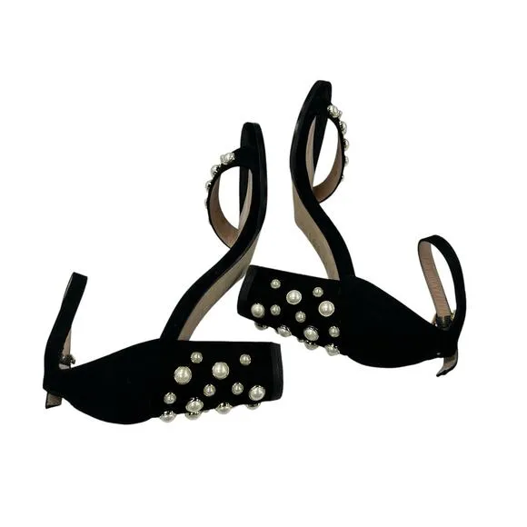 Stuart Weitzman Black Morepearls Studded Suede Ankle Strap Sandals Womens 7