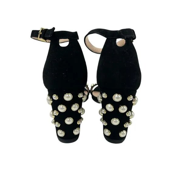 Stuart Weitzman Black Morepearls Studded Suede Ankle Strap Sandals Womens 7