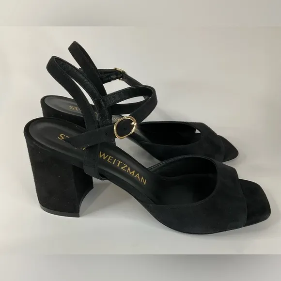 Stuart Weitzman Black Suede Tia 75 Block Sandals