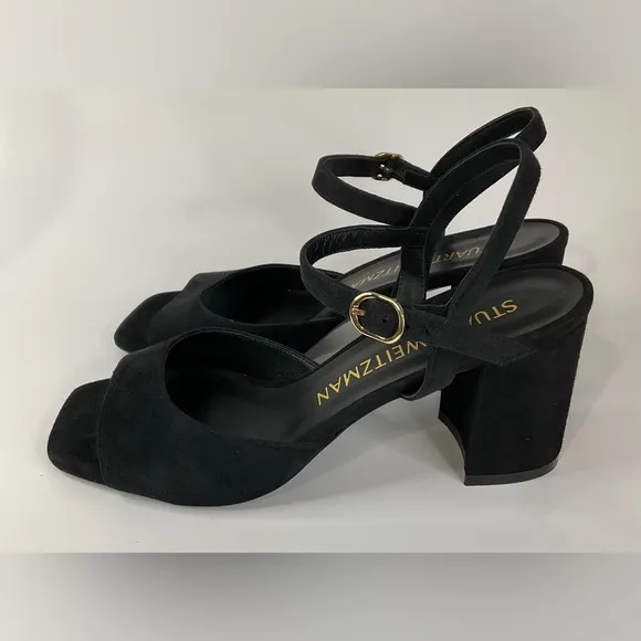 Stuart Weitzman Black Suede Tia 75 Block Sandals
