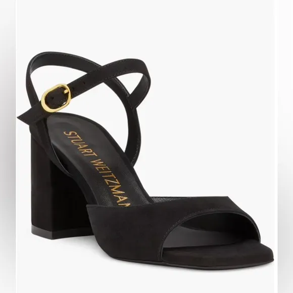 Stuart Weitzman Black Suede Tia 75 Block Sandals