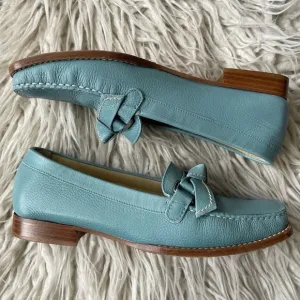 Stuart Weitzman Blue Square Toe Knotted Buckle Leather Loafers EUC Size 6