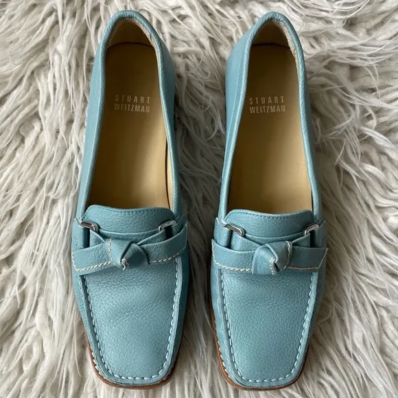 Stuart Weitzman Blue Square Toe Knotted Buckle Leather Loafers EUC Size 6