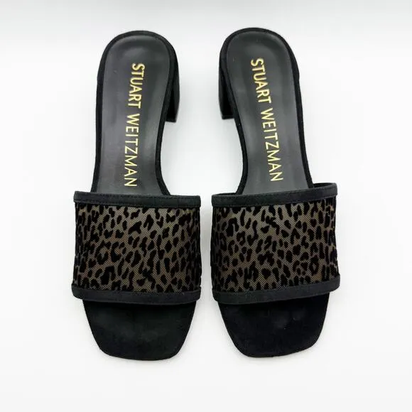 Stuart Weitzman Cayman 35 Block Slide Sandals Size 7 Black Cheetah Heel NIB