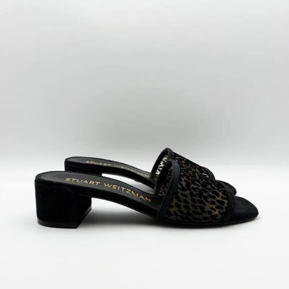 Stuart Weitzman Cayman 35 Block Slide Sandals Size 7 Black Cheetah Heel NIB