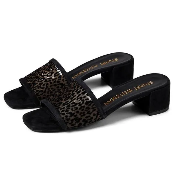 Stuart Weitzman Cayman 35 Block Slide Sandals Size 7 Black Cheetah Heel NIB