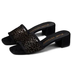 Stuart Weitzman Cayman 35 Block Slide Sandals Size 7 Black Cheetah Heel NIB