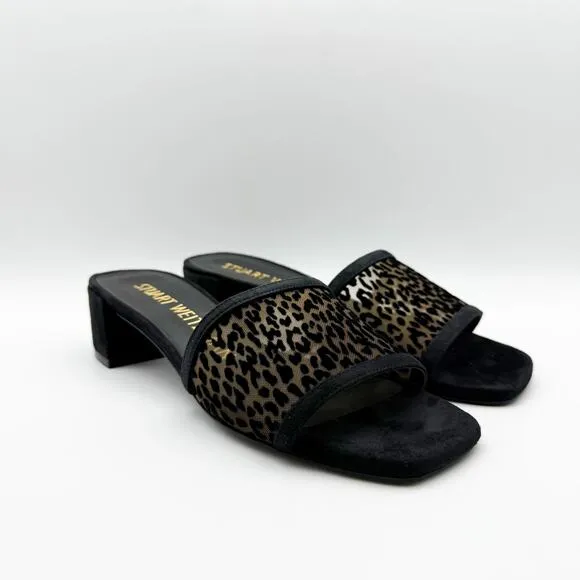 Stuart Weitzman Cayman 35 Block Slide Sandals Size 7 Black Cheetah Heel NIB