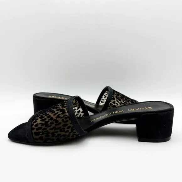 Stuart Weitzman Cayman 35 Block Slide Sandals Size 7 Black Cheetah Heel NIB