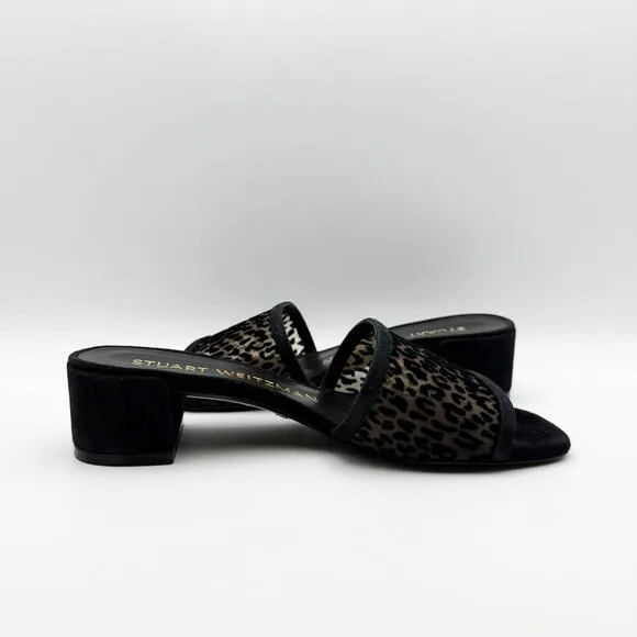 Stuart Weitzman Cayman 35 Block Slide Sandals Size 7 Black Cheetah Heel NIB