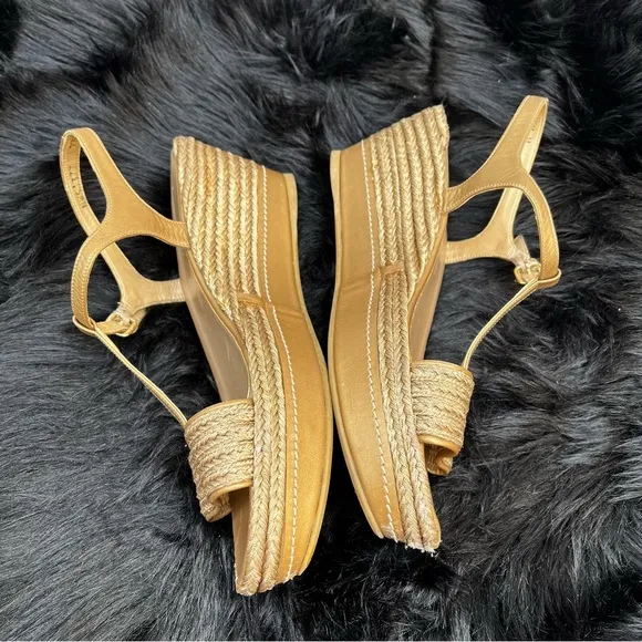 Stuart Weitzman “Flatty Old Gold Raffia” Sandals
