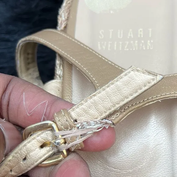 Stuart Weitzman “Flatty Old Gold Raffia” Sandals