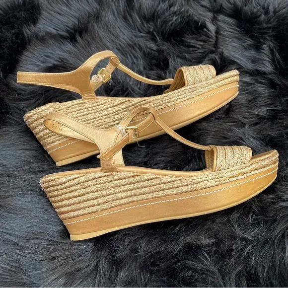 Stuart Weitzman “Flatty Old Gold Raffia” Sandals