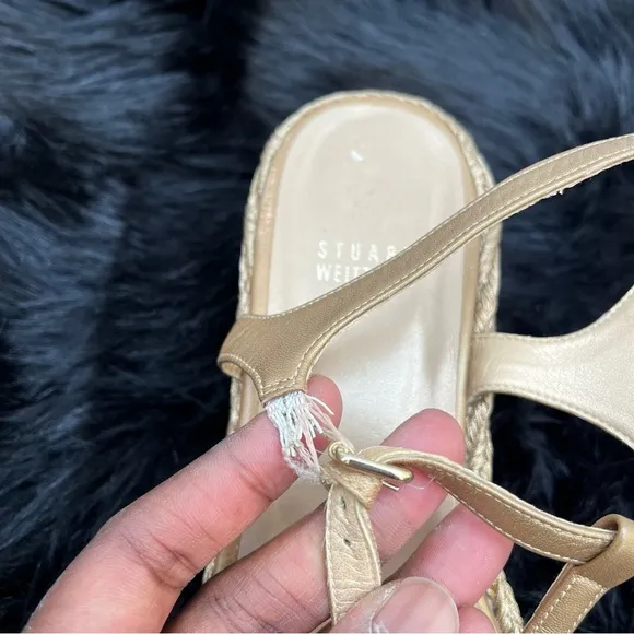 Stuart Weitzman “Flatty Old Gold Raffia” Sandals