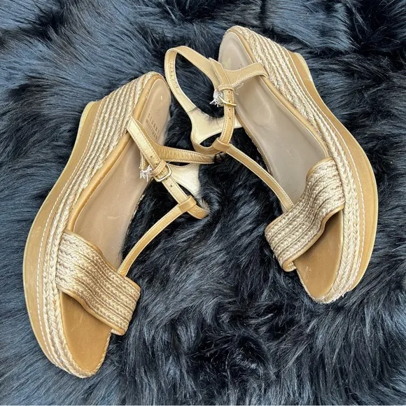 Stuart Weitzman “Flatty Old Gold Raffia” Sandals