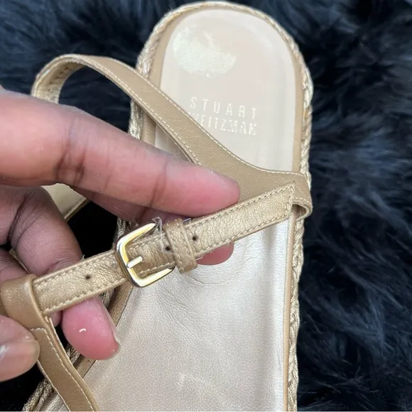 Stuart Weitzman “Flatty Old Gold Raffia” Sandals