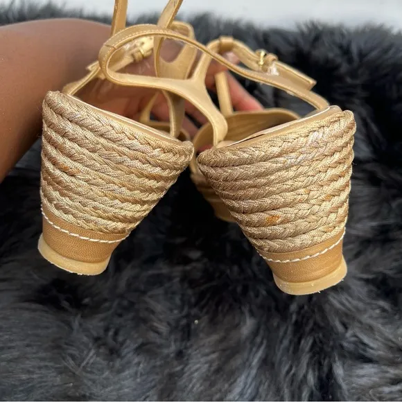 Stuart Weitzman “Flatty Old Gold Raffia” Sandals