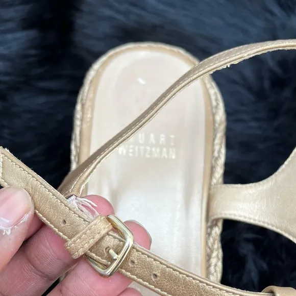 Stuart Weitzman “Flatty Old Gold Raffia” Sandals