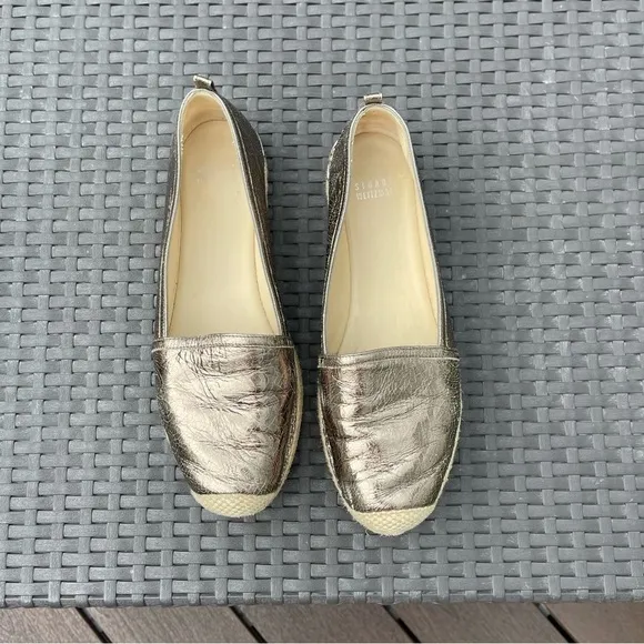 Stuart Weitzman Metallic Gunmetal Grey Leather Espadrille Flats Size 8.5