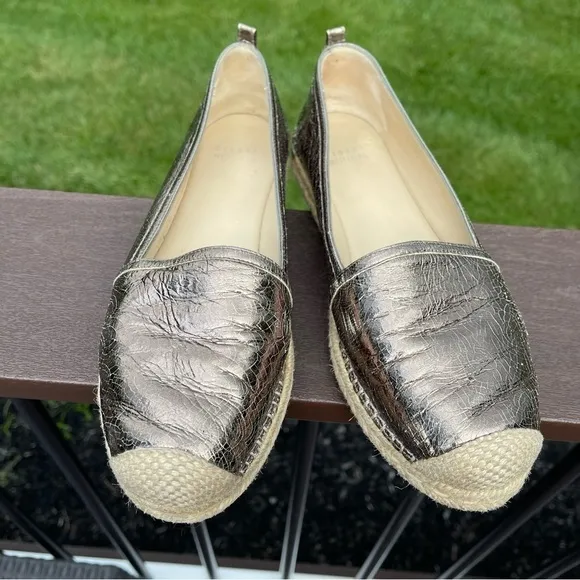 Stuart Weitzman Metallic Gunmetal Grey Leather Espadrille Flats Size 8.5