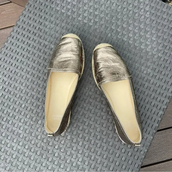 Stuart Weitzman Metallic Gunmetal Grey Leather Espadrille Flats Size 8.5