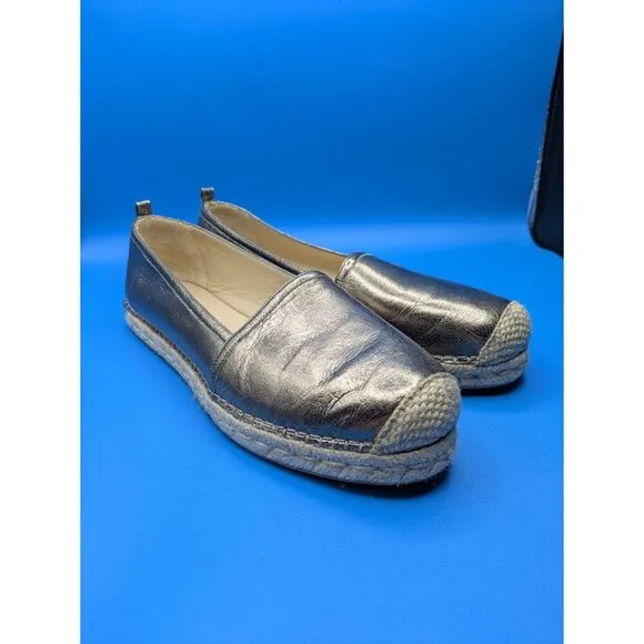 Stuart Weitzman Metallic Gunmetal Grey Leather Espadrille Flats Size 9.5