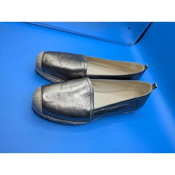 Stuart Weitzman Metallic Gunmetal Grey Leather Espadrille Flats Size 9.5