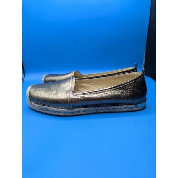 Stuart Weitzman Metallic Gunmetal Grey Leather Espadrille Flats Size 9.5