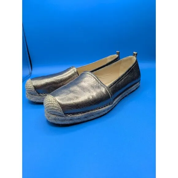 Stuart Weitzman Metallic Gunmetal Grey Leather Espadrille Flats Size 9.5