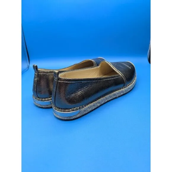 Stuart Weitzman Metallic Gunmetal Grey Leather Espadrille Flats Size 9.5
