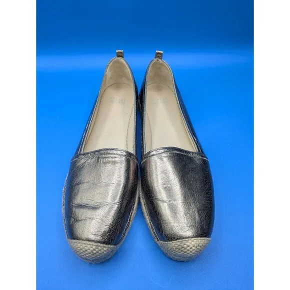 Stuart Weitzman Metallic Gunmetal Grey Leather Espadrille Flats Size 9.5