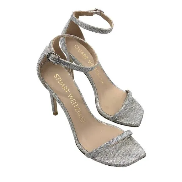 Stuart Weitzman Nudistcurve 100 High Heel Sandals 6 Ankle Strap Glitter Crystal