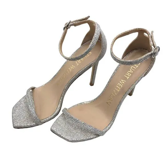 Stuart Weitzman Nudistcurve 100 High Heel Sandals 6 Ankle Strap Glitter Crystal