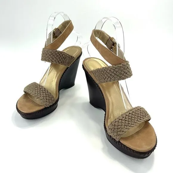 STUART WEITZMAN TAN/BROWN CROCHET &amp; LEATHER PLATFORM WEDGE HIGH HEEL SANDAL/PUMP