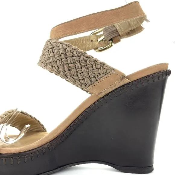 STUART WEITZMAN TAN/BROWN CROCHET &amp; LEATHER PLATFORM WEDGE HIGH HEEL SANDAL/PUMP
