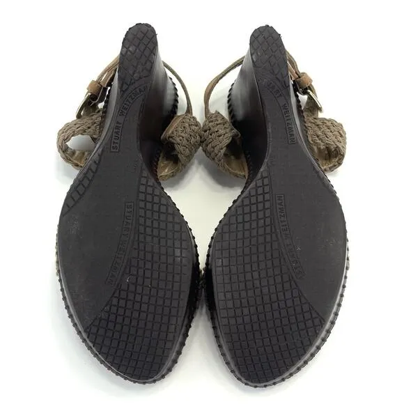 STUART WEITZMAN TAN/BROWN CROCHET &amp; LEATHER PLATFORM WEDGE HIGH HEEL SANDAL/PUMP
