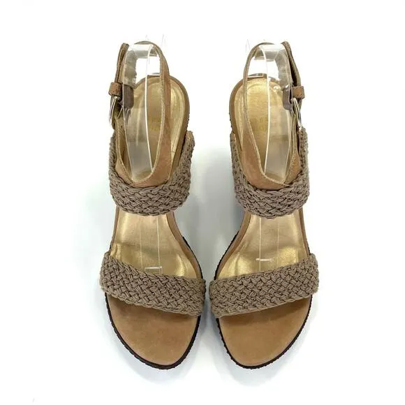 STUART WEITZMAN TAN/BROWN CROCHET &amp; LEATHER PLATFORM WEDGE HIGH HEEL SANDAL/PUMP
