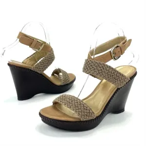 STUART WEITZMAN TAN/BROWN CROCHET &amp; LEATHER PLATFORM WEDGE HIGH HEEL SANDAL/PUMP