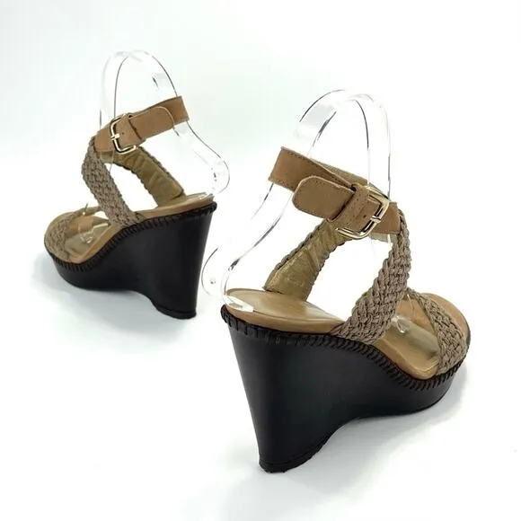 STUART WEITZMAN TAN/BROWN CROCHET &amp; LEATHER PLATFORM WEDGE HIGH HEEL SANDAL/PUMP