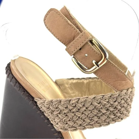 STUART WEITZMAN TAN/BROWN CROCHET &amp; LEATHER PLATFORM WEDGE HIGH HEEL SANDAL/PUMP