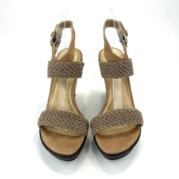 STUART WEITZMAN TAN/BROWN CROCHET &amp; LEATHER PLATFORM WEDGE HIGH HEEL SANDAL/PUMP