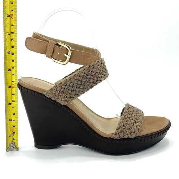 STUART WEITZMAN TAN/BROWN CROCHET &amp; LEATHER PLATFORM WEDGE HIGH HEEL SANDAL/PUMP