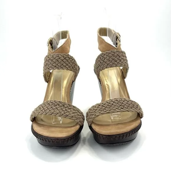 STUART WEITZMAN TAN/BROWN CROCHET &amp; LEATHER PLATFORM WEDGE HIGH HEEL SANDAL/PUMP