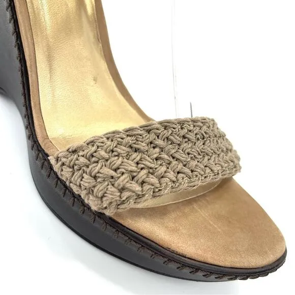 STUART WEITZMAN TAN/BROWN CROCHET &amp; LEATHER PLATFORM WEDGE HIGH HEEL SANDAL/PUMP