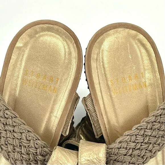 STUART WEITZMAN TAN/BROWN CROCHET &amp; LEATHER PLATFORM WEDGE HIGH HEEL SANDAL/PUMP