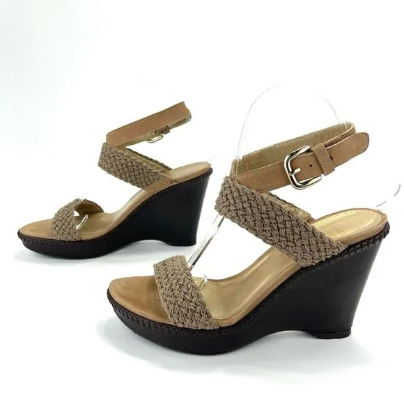 STUART WEITZMAN TAN/BROWN CROCHET &amp; LEATHER PLATFORM WEDGE HIGH HEEL SANDAL/PUMP